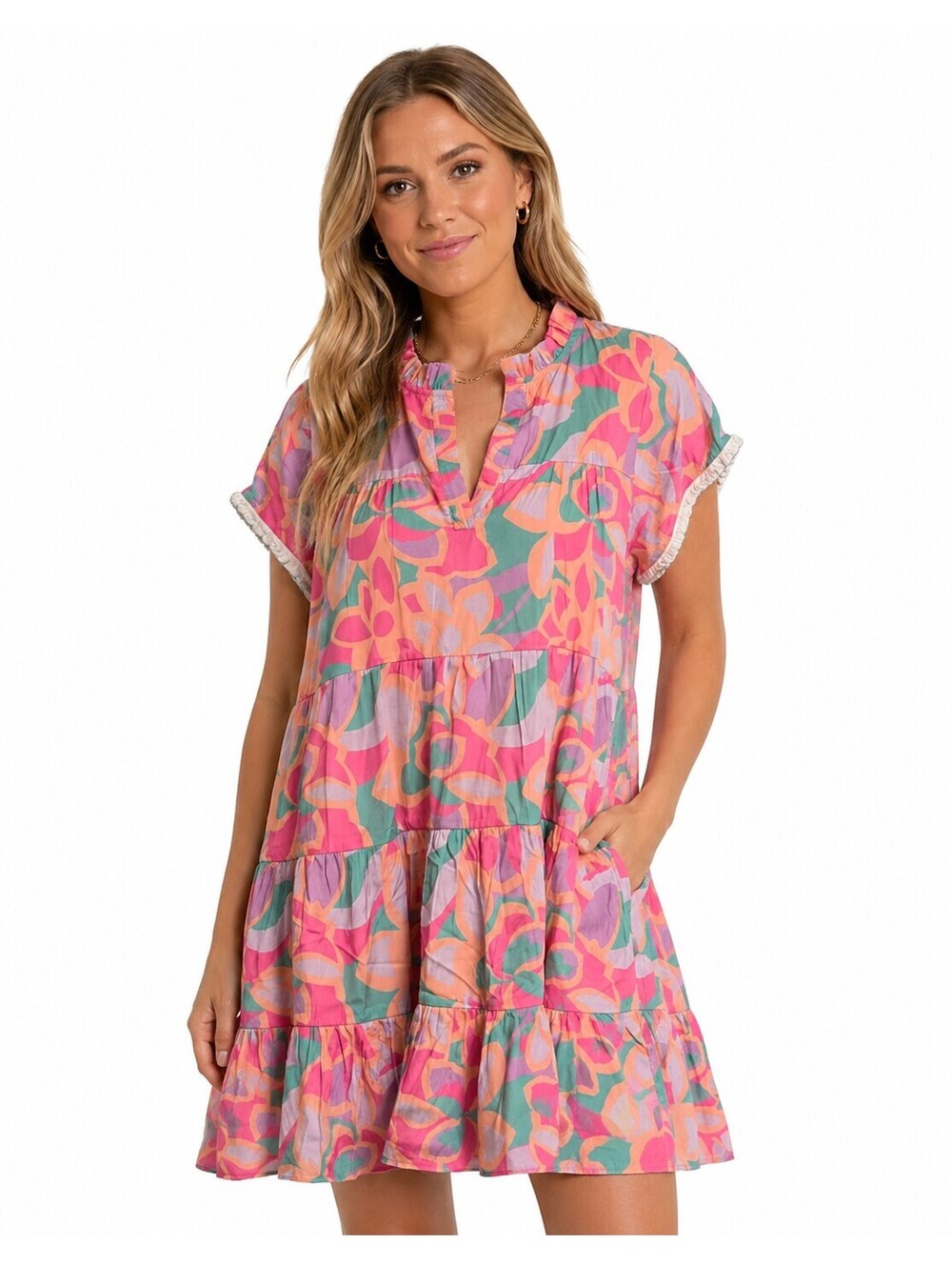 THML Floral Print Tiered Mini Dress Pink Orange Size S Casual Summer Boho Summer